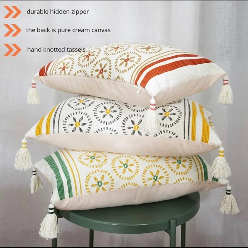 Boho Lumbar Decorative, Woven, Farmhouse, Tassel, Pillow Cover, Modern 1 Cover